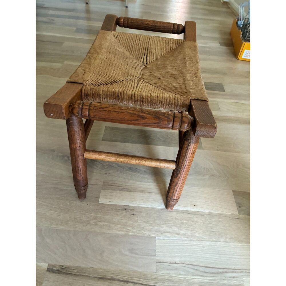 Vintage Oak Footrest Stool with Woven Fiber Rush Seat & Handle Rails 20"x13"x12"